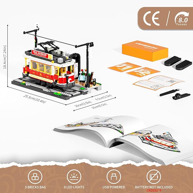 Heritage Tram and Station Lighting Building-Bricks Set - 1274 Pcs City Streetcar Modular Collection Old Town Downtown Display Model for Adults & Teens & Tram Enthusiasts