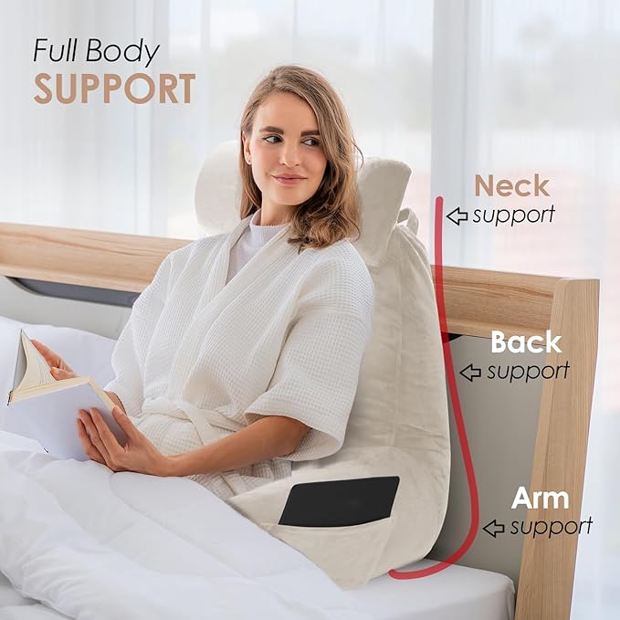 Nestl Reading Pillow Large Bed Pillow, Back Pillow for Sitting in Bed Shredded Memory Foam Chair Pillow, Reading & Bed Rest Pillows Linen Back Pillow for Bed, Bed Chair Arm Pillow with Pockets