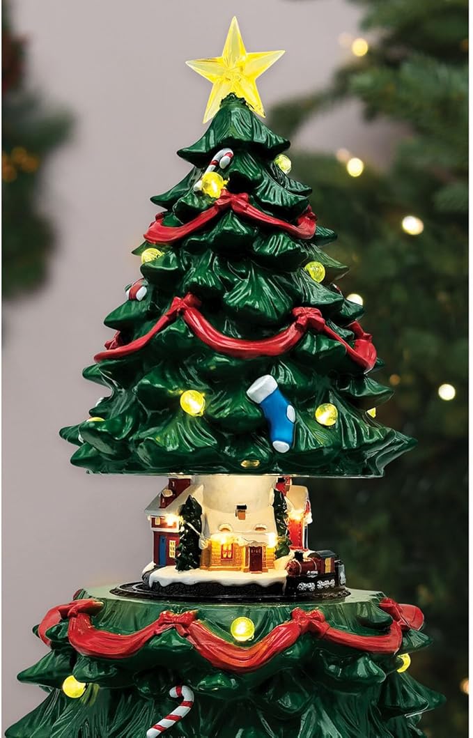 19" Christmas Tree Village House - Animated Tabletop Display with Moving Train, Up & Down Christmas Tree, LED Lights, and Holiday Music - Adapter Included Christmas Decor for Home Gift