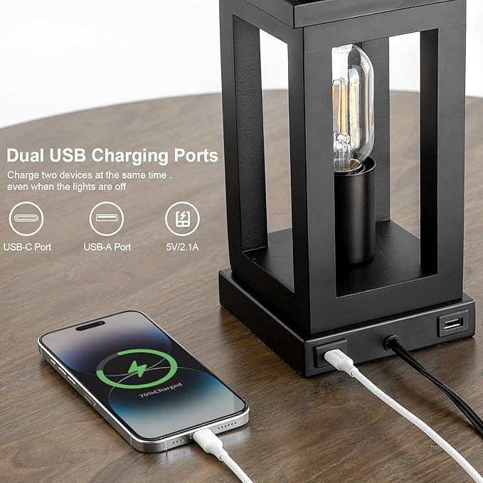 BOBOMOMO 23.75" Farmhouse Black Table Lamps Set of 2– Rustic Bedside Lamps with 3 Way Dimmable Touch Control Night Light & USB A+C Ports, Modern Lamp for Bedroom, Living Room, Entryway