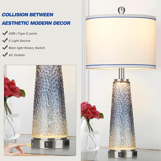 Coastal Glass Table Lamps for Living Room, 26" Table Lamps with USB A+C Ports & AC Outlet, Touch Control Bedside Nightstand Lamp with Crystal Night Light for End Table Office Desk Blue(Bulbs Included)