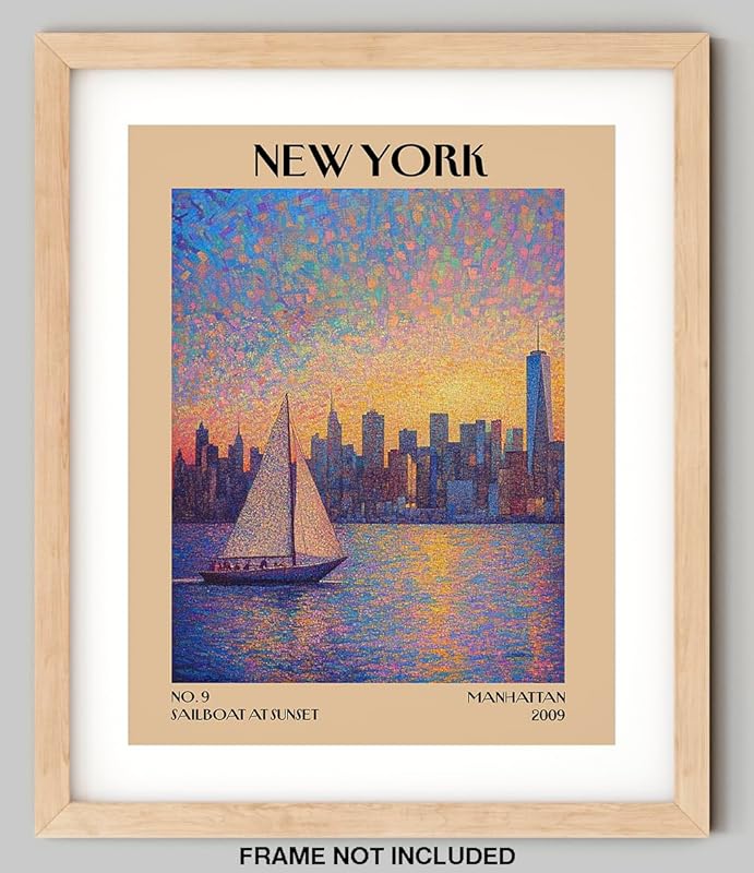 Retro Vintage New York Wall Art Print - 11x14 Unframed Poster - New York City Souvenirs, Cute Trendy Colorful Wall Decor (Sunset Sailboat, 11x14")
