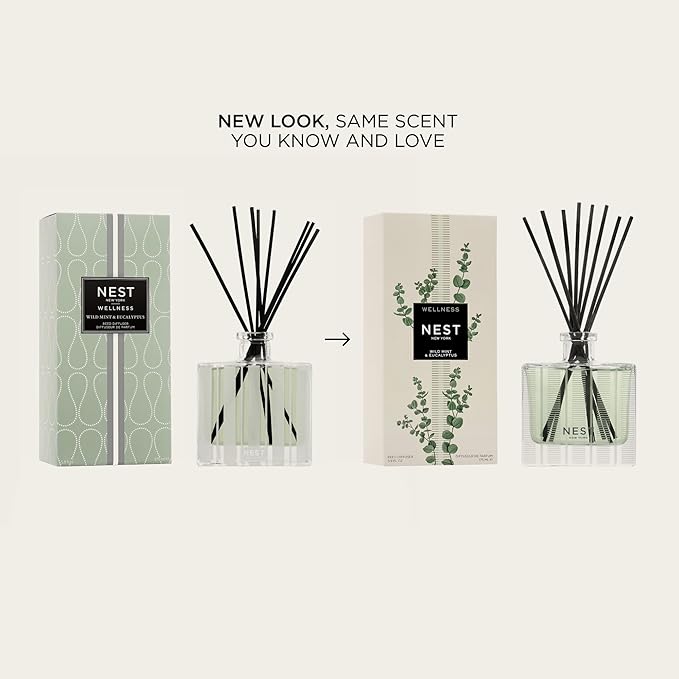 NEST New York Reed Diffuser, Wild Mint & Eucalyptus - 5.9 fl oz - Fragrance for Up to 90 Days - Reusable, Refillable Glass Holder - Includes 8 All-Natural Reed Sticks - Flame Free