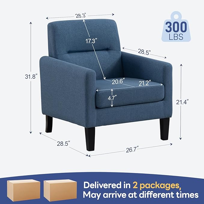 Accent Chairs Set of 2, Mid Century Modern Living Room Chairs Comfy Reading Chair with Upholstered Cushion Relax Armchair for Bedroom Apartment,Office,Blue