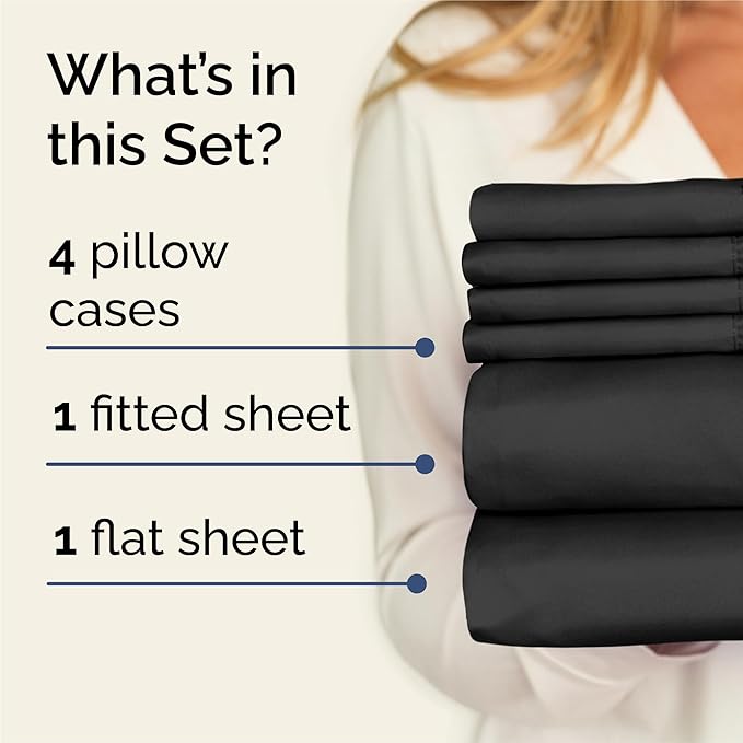 King Sheets Set 6 Piece - Includes 4 Pillowcases - Bed Sheets King Size - Soft Hotel Luxury Bedding - Cooling, Comfy, Fade Free & Breathable - 1 Flat & 1 Fitted & 4 Pillowcases w/ Deep Pockets - Black