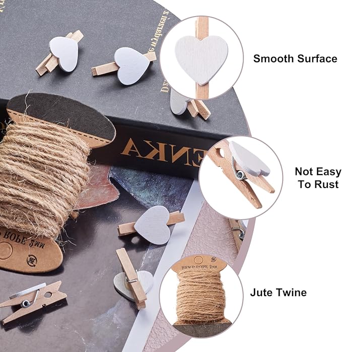 Pandahall 100pcs White Heart Clothespins Wooden Photo Paper Peg Pin Craft Clips with 10.9 Yards Natural Jute Twine for Paper Photo Display Hanging Home Party Wedding Decoration