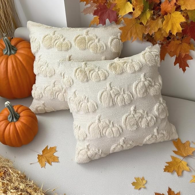 Booque Valley Fall Decorative Pillow Covers Set of 2 Soft Plush Faux Fur Wool Pumpkin Throw Pillowcases for Autumn Halloween Farmhouse Home Decor, 20 x 20 inch, Beige