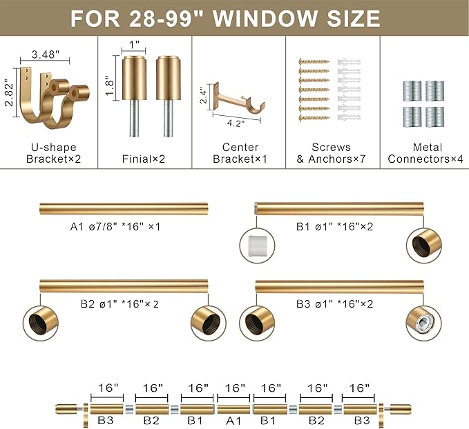 Curtain Rods for 28-99” Windows, Splicing Construction, 1” Adjustable Drapery Rod with Aluminum Alloy Brackets and Finials for Window, Sliding Door, Patio, Living Room Decoration, Brushed Gold