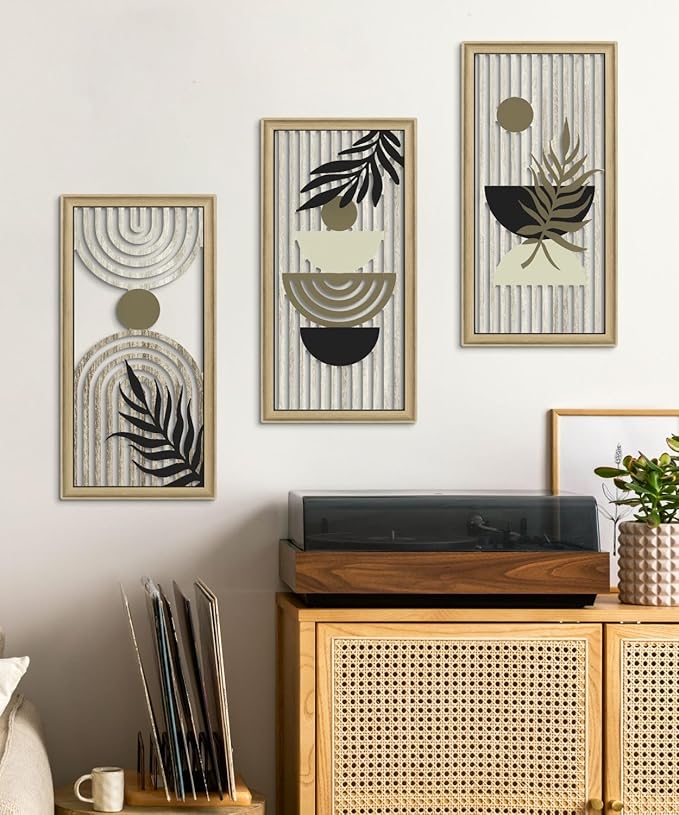 Putuo Decor Boho Abstract Wall Art, Set of 3, Modern Geometric Botanical Wooden Wall Decor, Mid-Century Minimalist Framed Artwork, Neutral Toned Aesthetic Prints, for Living Room, Bedroom, Office