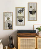 Putuo Decor Boho Abstract Wall Art, Set of 3, Modern Geometric Botanical Wooden Wall Decor, Mid-Century Minimalist Framed Artwork, Neutral Toned Aesthetic Prints, for Living Room, Bedroom, Office