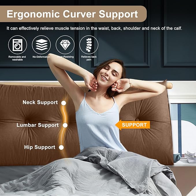 Large Triangular Headboard Pillows Long Backrest Positioning Support Bolster Cushion for Daybed Fluffy Quality Plush Body Wedge Pillow with Removable Cover(Dark Brown-Cal King-71x8x20 in)