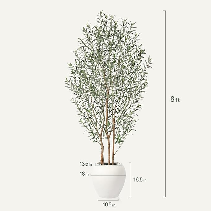 Artificial Olive Tree, 8FT Tall, Faux Olive Trees with Natural Wood Trunk & Lifelike Fruits, Indoor, White Tall Planter, Home Balcony Office Living Room Decor
