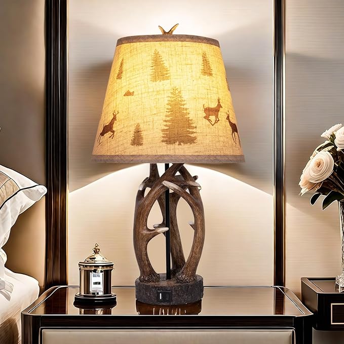 Set of 2 Rustic Western Deer Table Lamps, 26" with Nightlight & 2 USB Ports, Natural Antler Design for Bedroom, Living Room, Office & Christmas