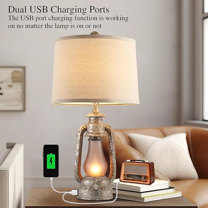 RORIANO Farmhouse Rustic Table Lamps for Living Room Set of 2,Vintage Lantern Table Lamp with Dual USB Ports, 25" Tall Retro Bedside Lamp for Bedroom Nightstand, 4 Bulb Included (Iron Gray)