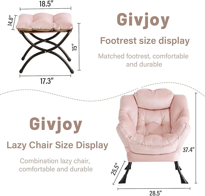 Lazy Chair and Ottoman, Large Accent Lounge Chair with Armrests and a Side Pocket, Modern Leisure Upholstered Sofa Reading Armchair with Footrest for Bedroom, Living Room, Dorm Rooms, Office