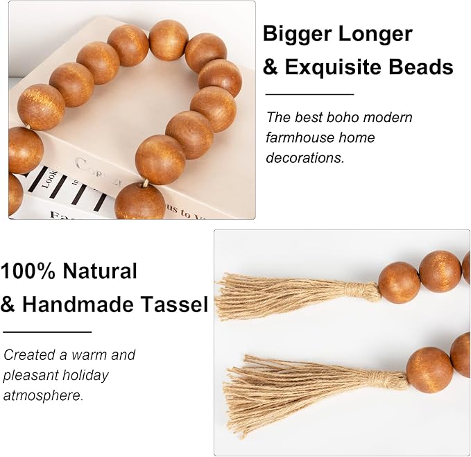 OMISHE 60" Long Extra Large Wood Bead Garland with 1.6" Diameter Wooden Beads and Tassels, Rustic Farmhouse Country Decorative Beads for Home Decor Tiered Tray Decor, Brown