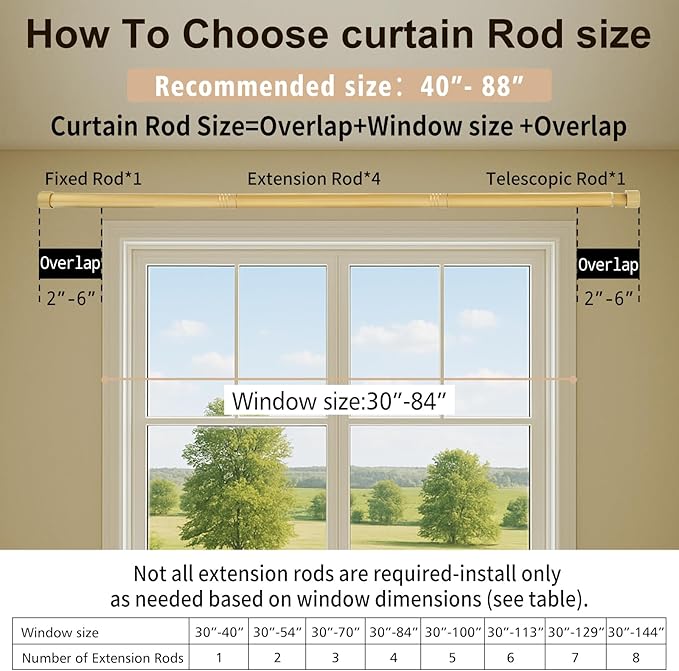 Gold Curtain Rod Adjustable,40-88 Inch Extra Wide Heavy Duty Telescoping 1 Inch Diameter Metal Window Rod Extendable Mounting Brackets Luxurious Gold Finish Home Decor Easy Install Wide Windows Large
