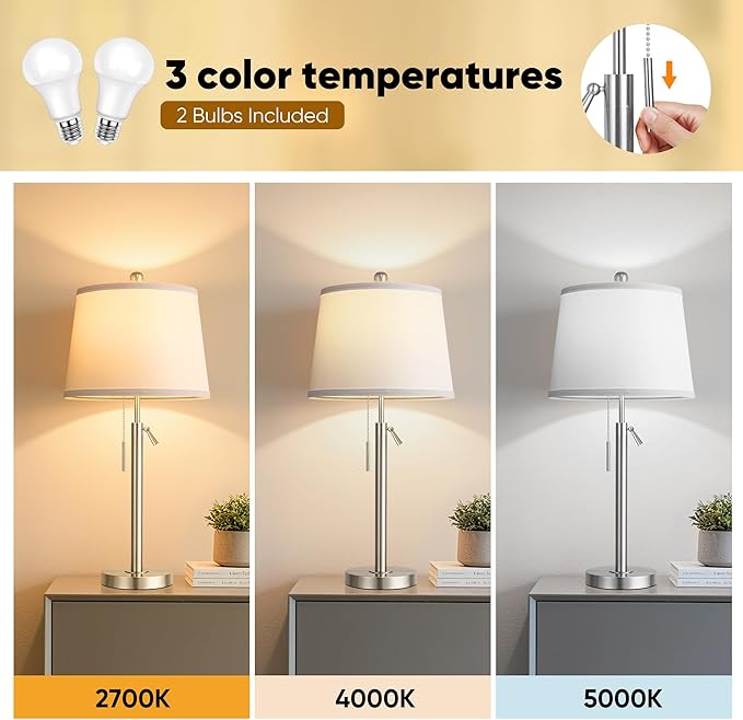 PARTPHONER Bedside Lamps Set of 2, Tall Table Lamps for Living Room, Height Adjustable Nightstand Lamps for Bedroom Office, Modern End Table Lamps with Pull Chain(LED Bulbs Included), Sand Nickel