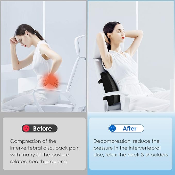 CompuClever Lumbar Support Pillow for Office Chair/Car, Memory Foam Back Cushion Pain Relief and Improve Posture, Lower Back Pillow for Gaming and Desk Chair, Couch, Adjustable Straps