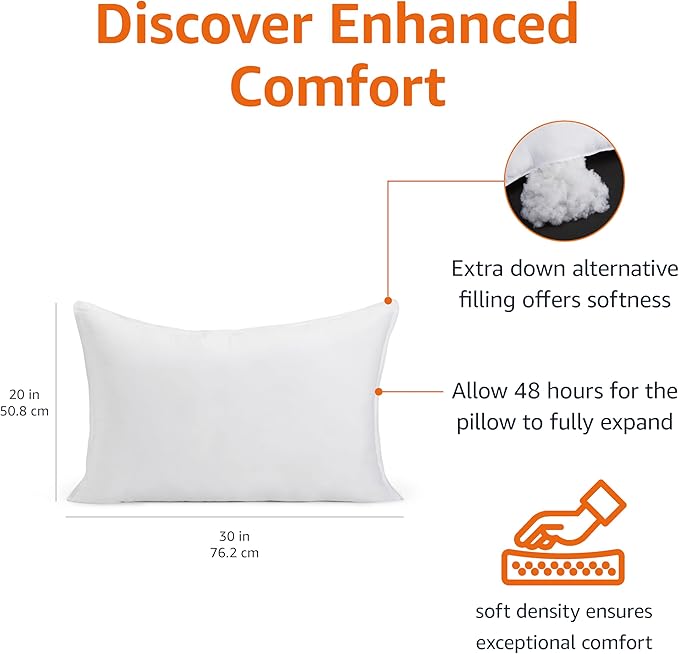 Amazon Basics Down Alternative Pillows, Soft Density for Stomach and Back Sleepers, Queen - Pack of 2, White, 30 in L x 20 in W