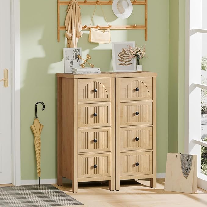 4 Drawer Dresser for Bedroom Set of 2, 36.81''Tall Modern Chest of Drawers with Fluted Panel, Wood Storage Dresser Organizer with Deep Drawers for Nursery Living Room Hallway (2, Wood Color)