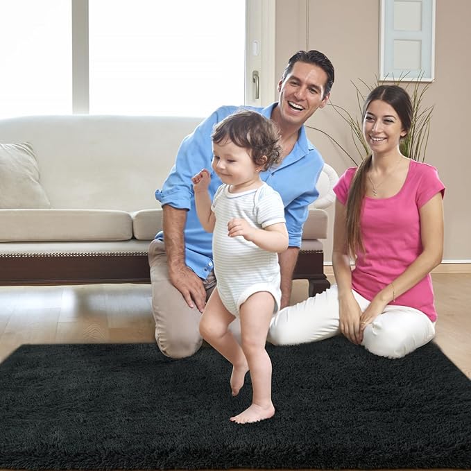 Black Fluffy Area Rugs for Bedroom：Black Plush Area Rug 4x6 - Indoor Modern Shaggy Soft Carpet for Living Room Bedroom Kids Room Nursery (Black, 4x6 Feet)