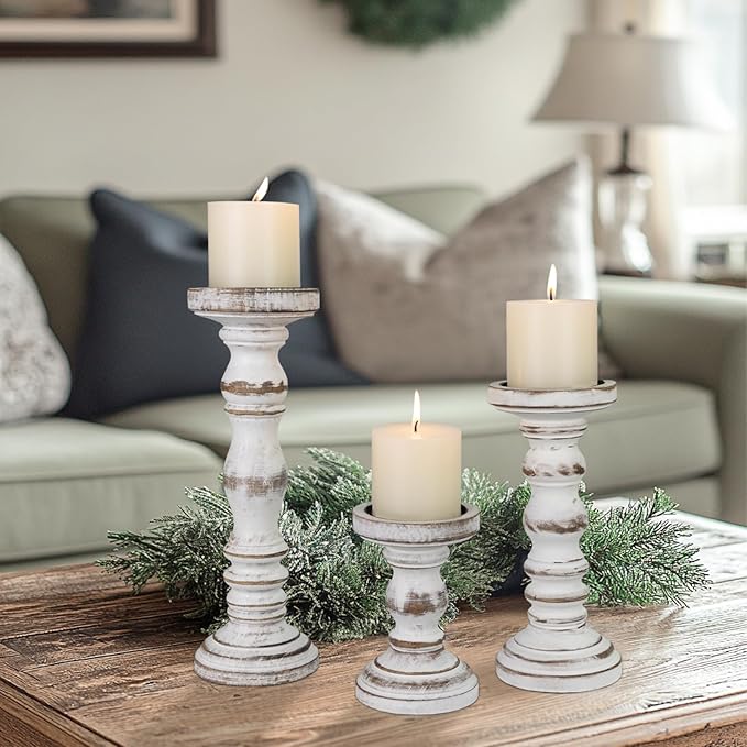 Candle Holder for Pillar Candle Set of 3, Farmhouse Wood Candle Holder, Rustic Wooden Candle Stand, Vintage Tall Candle Stand Decorative for Living Room, Table Centerpiece (Antique White)