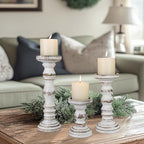 Candle Holder for Pillar Candle Set of 3, Farmhouse Wood Candle Holder, Rustic Wooden Candle Stand, Vintage Tall Candle Stand Decorative for Living Room, Table Centerpiece (Antique White)