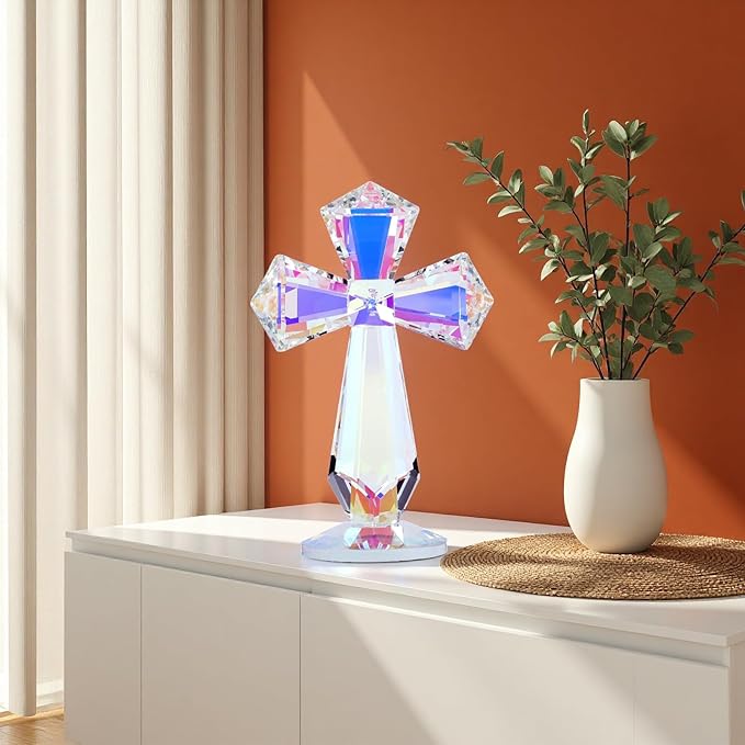 Crystal Glass Standing Cross Decor, Easter Christmas Decoration for Pary dad man，Religious Gifts for Women Men Father Mother, Handmade Glass Holy Collectible Figurines (Multicolor Crystal Cross)