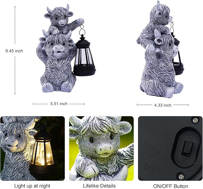 Goodeco 9.5 Inch Highland Cow with Solar Lantern – Resin Garden Decor, Outdoor Statue & Unique Highland Cow Gifts (Gray)