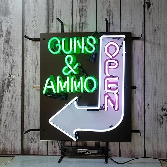 Guns & Ammo Open Neon Signs, Gun Signs Lamp for Gun Store Guns Ammo Store LED Light 24 X 20 Inches High Definition Jet Graphic Printing Board