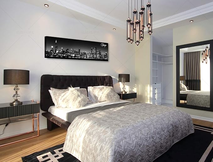 Office Wall Decor Black and White Wall Art Chicago Skyline Pictures for Living Room Modern Large Canvas Print Artwork Stretched and Framed 13.8"X47.3"