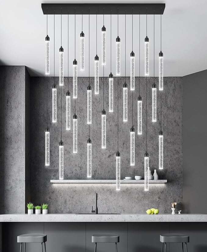 Rectangular Chandeliers 26-Lights Long Light for Entryway LED Dimmable Chandeliers Lighting Fixture Flat Sloped High Ceiling Pendant Lights Crystal for Living Room Foyer Hallway Staircase Black