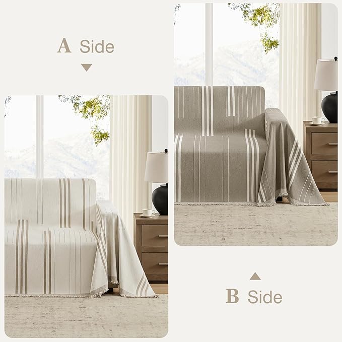 Boho Couch Cover Washable Sectional Couch Covers for Dogs Reversible Sofa Slipcover for 2 or 3 Cushion Couch Pet Friendly Furniture Protector (2# Khaki, 91" x 118")