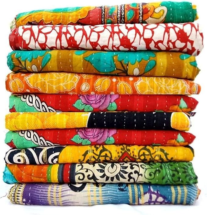 Shri Radhey Empire Indian Vintage Kantha Quilt Handmade Throw Reversible Blanket Bedding Cotton Fabric Bohemian Assorted Quilt 85X55 Inch 1 Pcs Lot