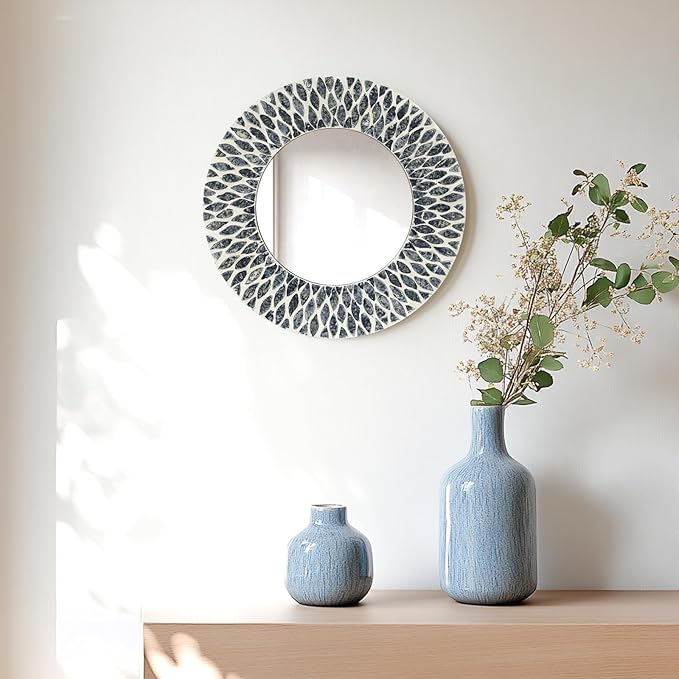 Natural Mother of Pearl Mirror Wall Decor for Bedroom Bathroom, 3PCS Geometric Wall Art Modern Home Office, Handmade Mosaic Art Circle Sculptures for Kitchen Living Dining Room (Black White)