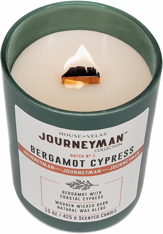 Journeyman Collection Candle, 15oz, Wooden Wick, Bergamot Cypress, Large Painted Jar