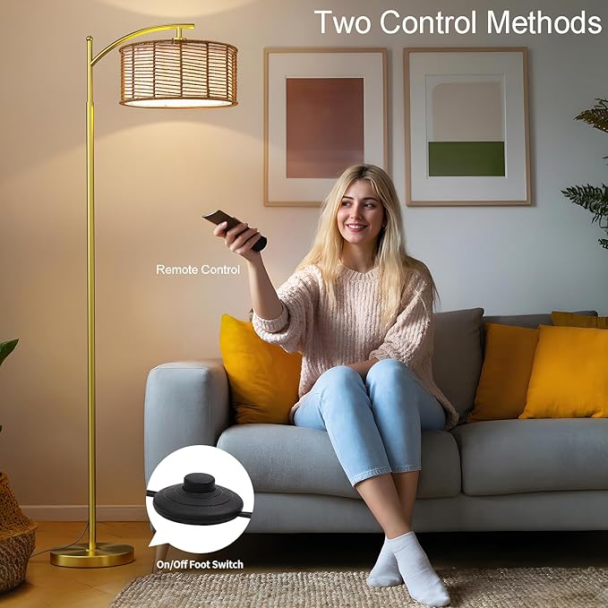 Oneach 62.5'' Gold Arc Floor Lamp for Living Room, Rattan Boho Floor Lamp with Remote and Dimmable Bulb, 3 Color Temperatures, Farmhouse Rustic Modern Standing Lamp for Bedroom Office Corner