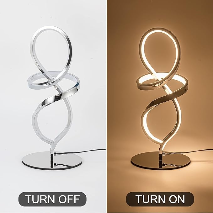 Mayful Modern Table Lamp with LED Spiral Design, Bedside Lamp with Stepless Dimming Switch, Contemporary Nightstand & Chrome Table Lamp for Bedroom, Living Room, Home Office, 12W 3200K Warm White
