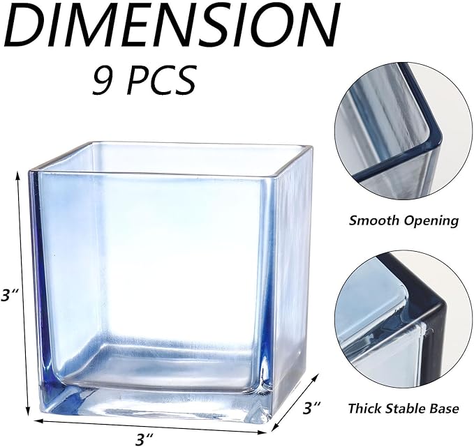 Square Flower Vases Set of 9, 3"x 3"x 3" Glass Vases for Centerpieces, Blue Vase for Flowers, Small Vase for Wedding, Party, Home Office Decoration