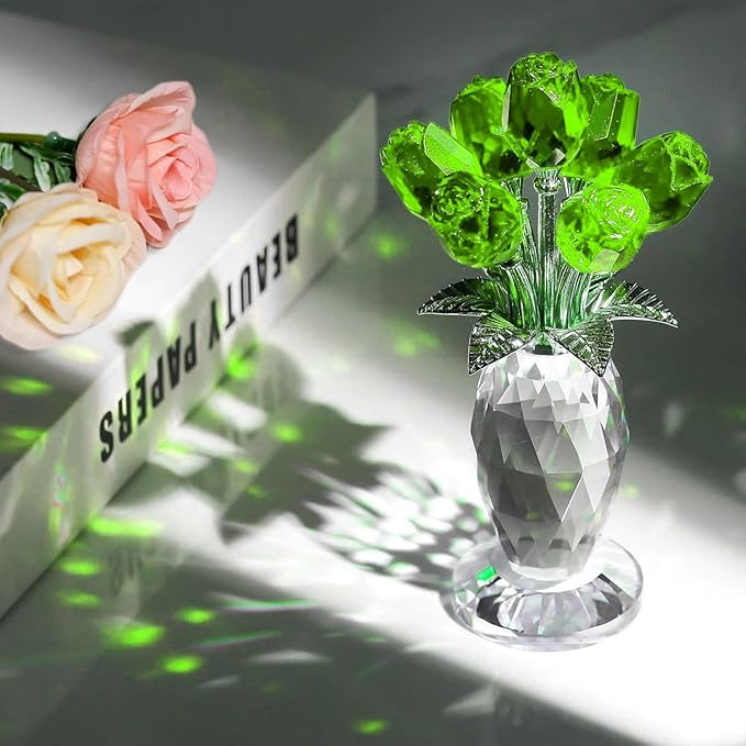 Glass Rose Flowers, Crystal Glass Figurines Rose Decorations for Home Gifts for Mom Wife Grandma, Crystal Flowers Collectible Ornament Mother's Day Thanksgiving Anniversary Birthday Gifts (Green Rose)