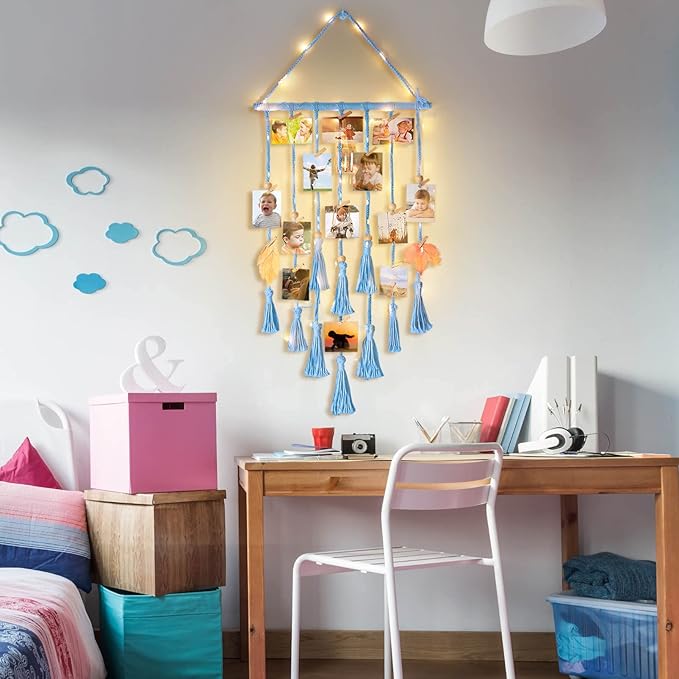 Homecor Hanging Photo Display Wall Decor, Blue Macrame Hanging Boho Room Bedroom Decor, Picture Frame Collage with Light & 30 Clips, Christmas Teenage Teen Girl Gifts Ages 10 11 12 13 14 Years Old