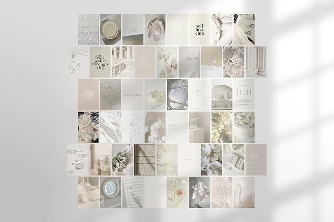 TwoDays Vanilla Girl Aesthetic Room Decor, Clean Girl Aesthetic Wall Collage Kit Pictures for Dorm, Neutral Posters, Cream Wall Art Prints for Bedroom.(Set of 50, 4" × 6")