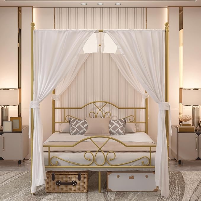 Weehom Canopy Bed Frame Queen Size with Headboard and Footboard, Four-Poster Canopy Bed Metal Platform Mattress Foundation Underbed Storage No Box Spring Needed Easy Assembly, Gold