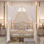 Weehom Canopy Bed Frame Queen Size with Headboard and Footboard, Four-Poster Canopy Bed Metal Platform Mattress Foundation Underbed Storage No Box Spring Needed Easy Assembly, Gold