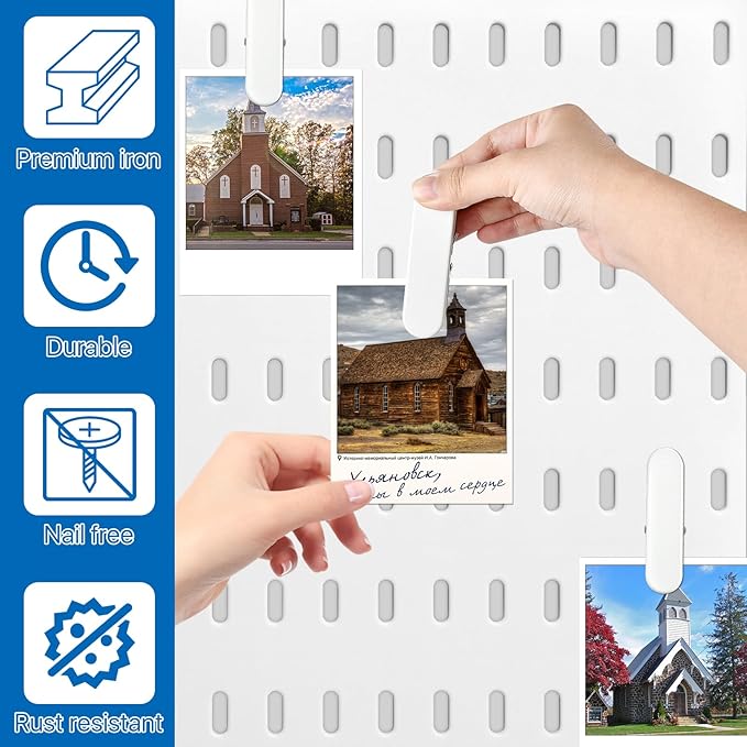 20 Pcs Pegboard Accessories Clips, White Pegboard Clips Metal Pegboard Photo Clip, Pegboard Clips for Hanging Photos, Wall Organize Storage Kitchen Bathroom Living Room Office