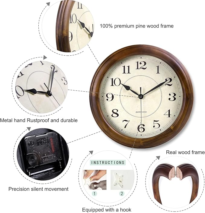 Kesin Wall Clock Wood 14 Inch Silent Wall Clocks Large Decorative Battery Operated Non Ticking Analog Retro Clock for Living Room, Kitchen, Bedroom