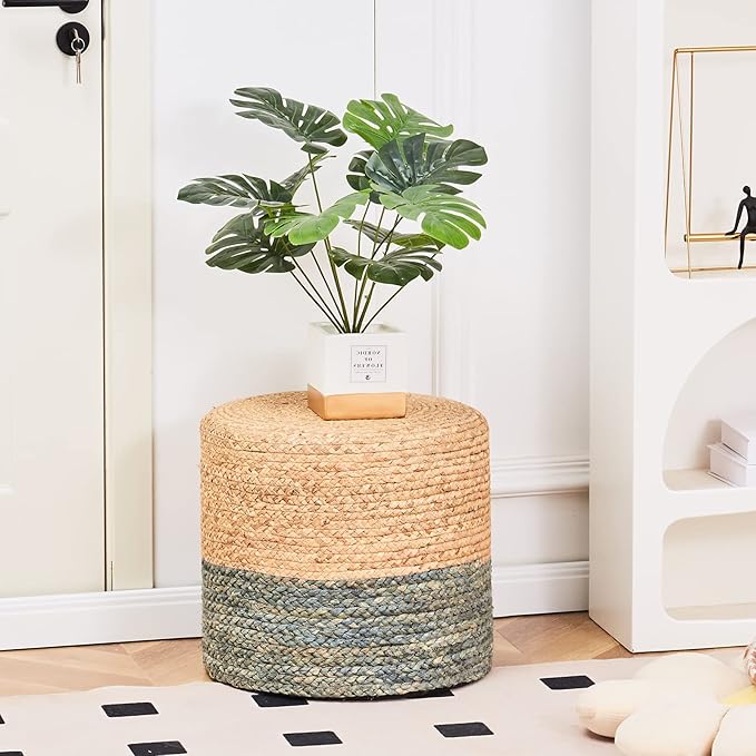 Wimarsbon 18'' Ottoman Pouf, Natural Braided Poof, Rustic Handweave Lounge Pouffe, Boho Footrest Stool for Bedroom, Accent Table or Seat for Living Room (Dusty Blue)