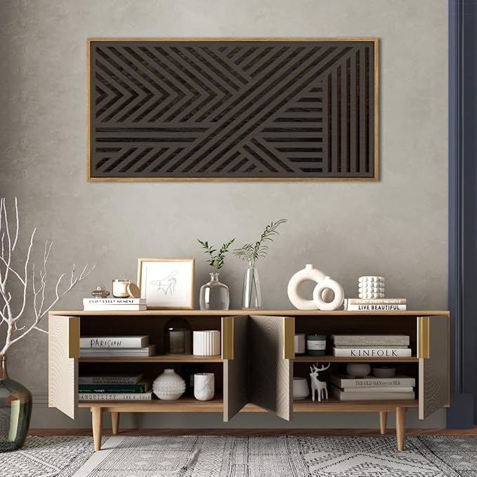 IARTTOP Large Black Framed Wood Wall Art for Living Room Abstract Modern Wooden Wall Decor Neutral Geometric Wall Sculpture Bedroom Office 20x40 Inch