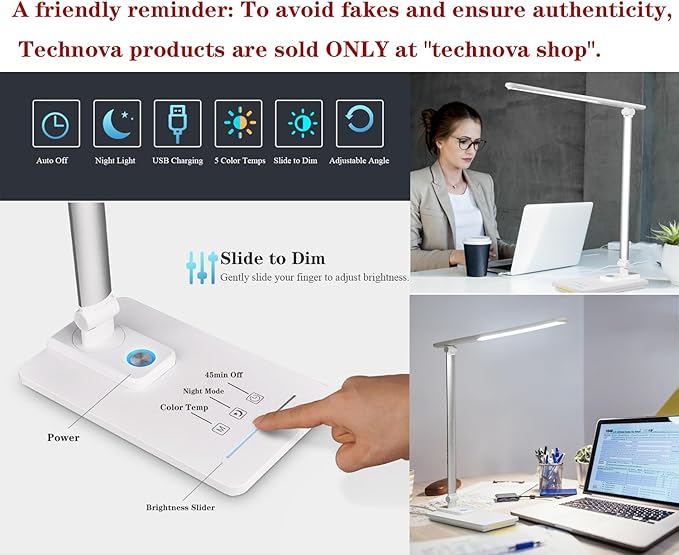 TECHNOVA LED Desk Lamp with 5 Color Temperatures | Sliding Stepless Dimming & One-Touch Timer | Foldable & Portable Design for Office/Study/Nail Art | USB Charging & Four-Axis Rotation for Small Desks
